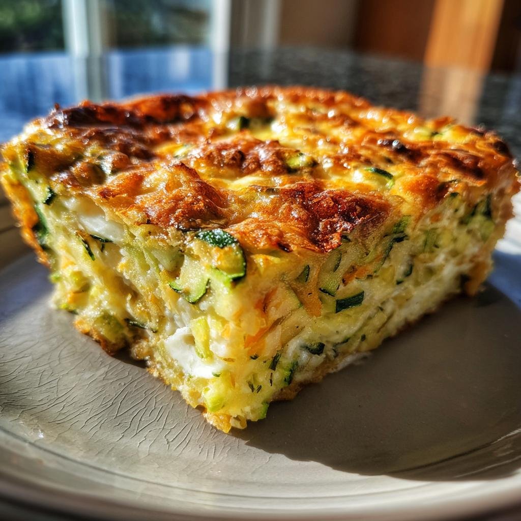 A slice of Blitzschnelle Quiche mit Zucchini & Mozzarella, showcasing zucchini and mozzarella layers.