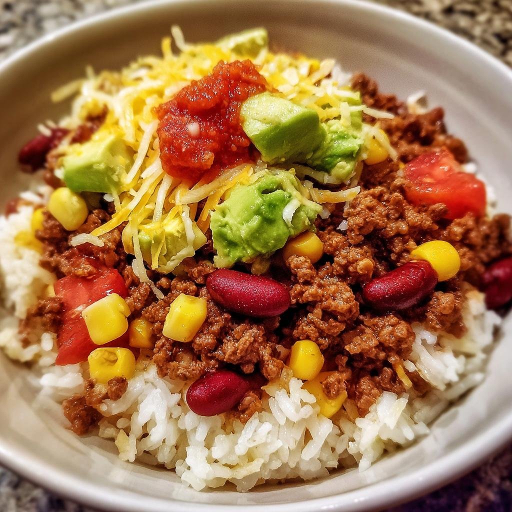 Nahaufnahme einer Blitzschnelle Taco-Reis-Bowl mit Reis, Hackfleisch, Avocado, Käse und Salsa.