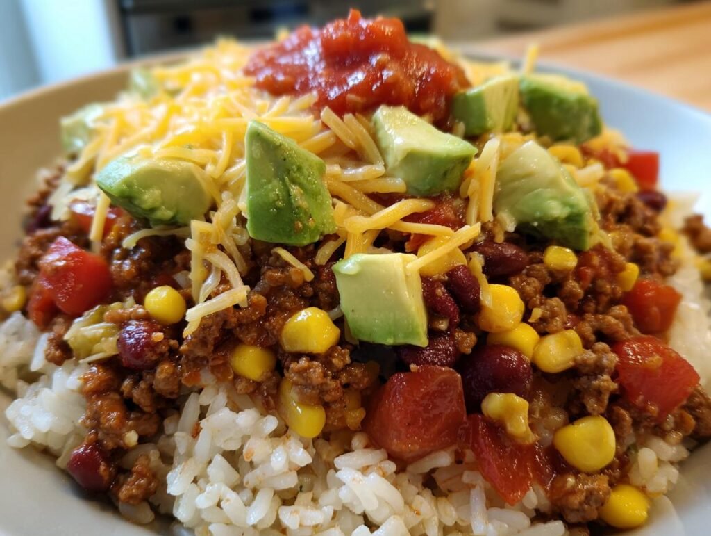 Nahaufnahme einer Blitzschnelle Taco-Reis-Bowl mit Reis, Hackfleisch, Käse, Avocado und Salsa.