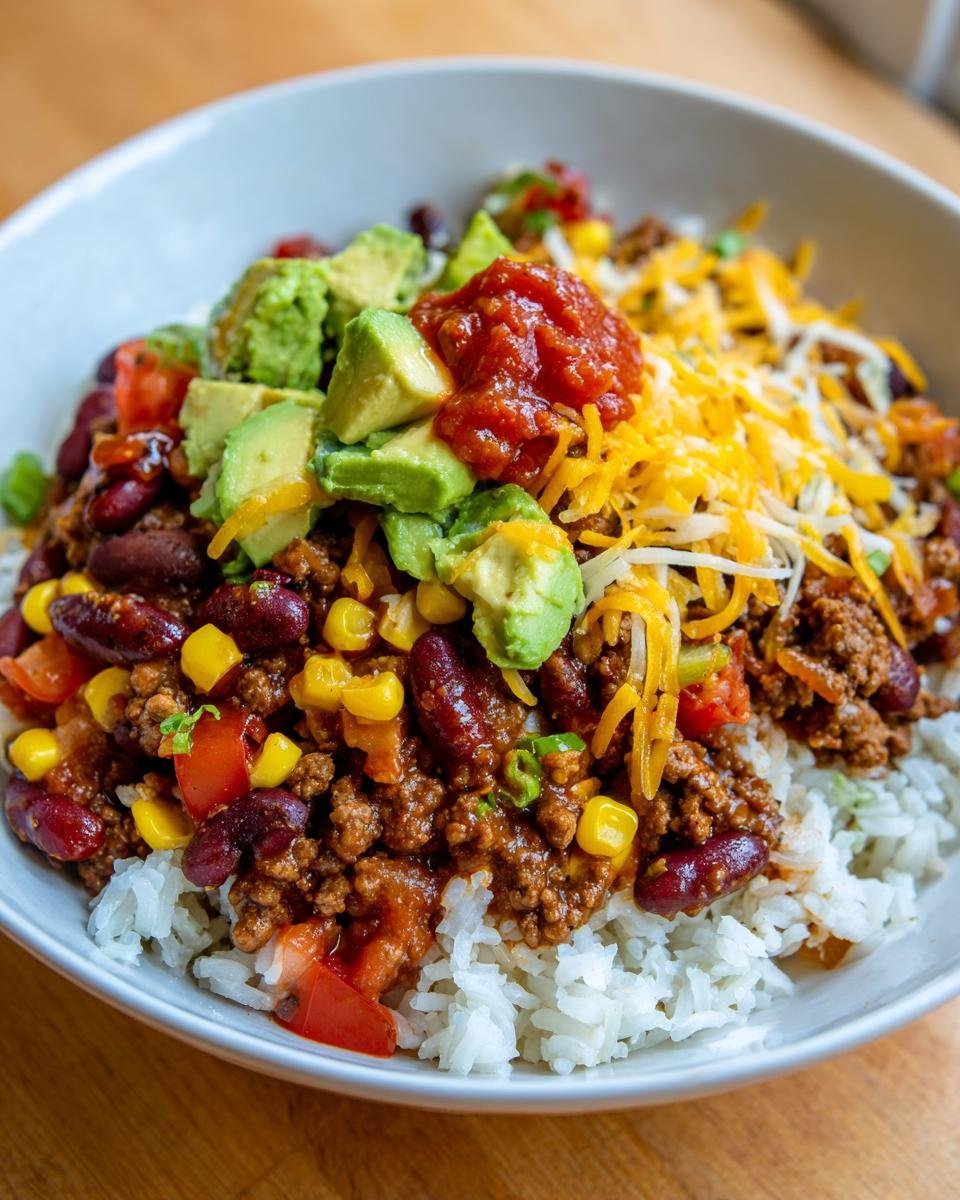 Nahaufnahme einer Blitzschnelle Taco-Reis-Bowl mit Reis, Hackfleisch, Bohnen, Mais, Käse, Salsa und Avocado.