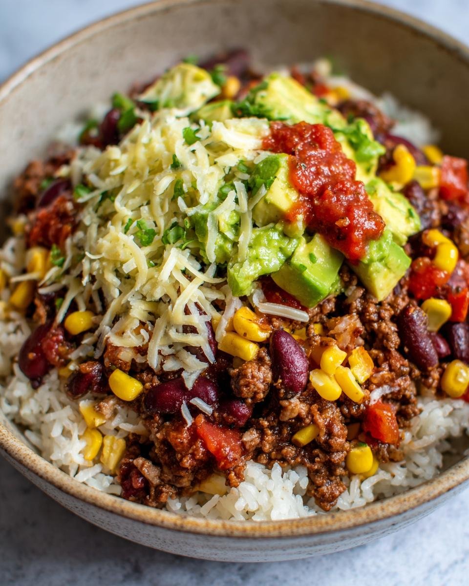 Nahaufnahme einer Blitzschnelle Taco-Reis-Bowl mit Reis, Hackfleisch, Bohnen, Mais, Avocado, Salsa und Käse.