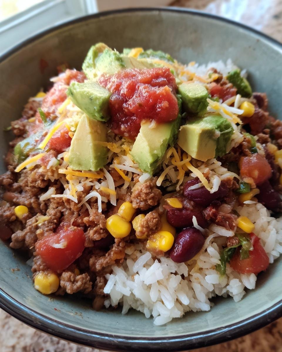 Nahaufnahme einer Blitzschnelle Taco-Reis-Bowl mit Reis, Hackfleisch, Bohnen, Mais, Käse, Salsa und Avocado.
