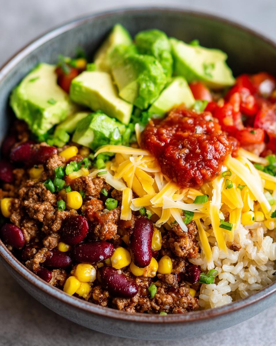 Close-up of a Blitzschnelle Taco-Reis-Bowl with rice, meat, beans, corn, avocado, cheese and salsa.