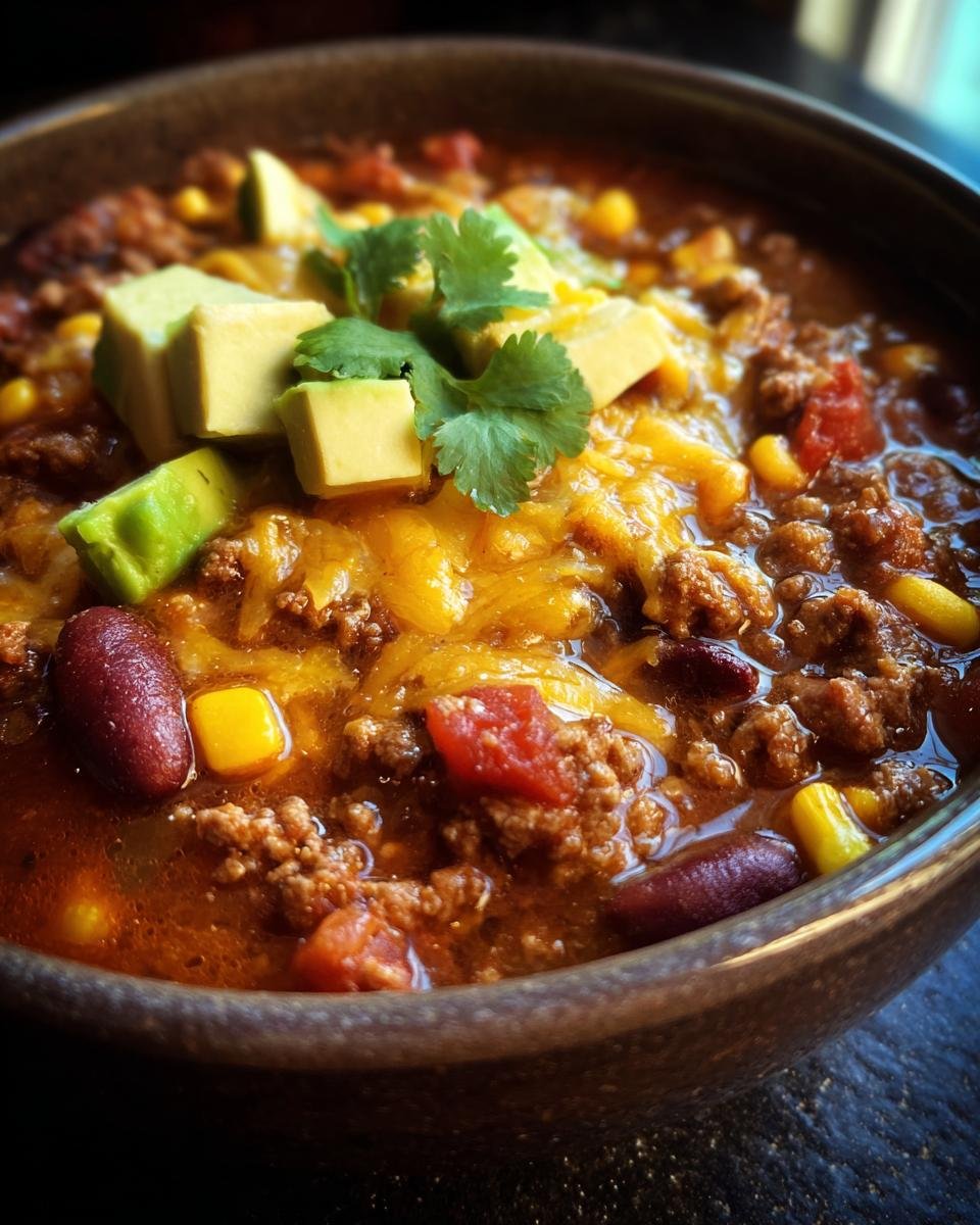 Close-up of Blitzschnelle Tacosuppe topped with avocado, cheese, and cilantro in a bowl.