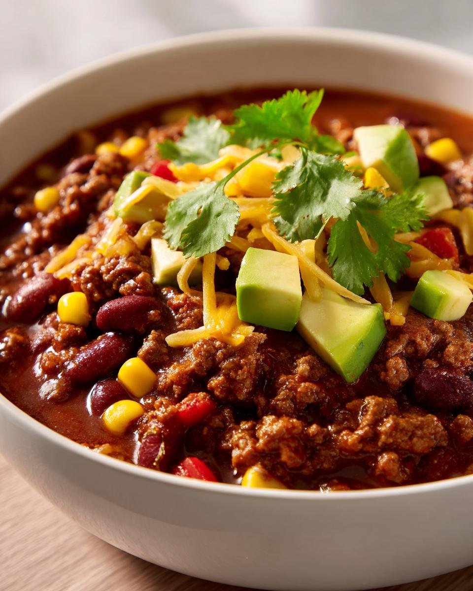 Nahaufnahme einer Schüssel Blitzschnelle Tacosuppe, garniert mit Avocado, Käse und Koriander.
