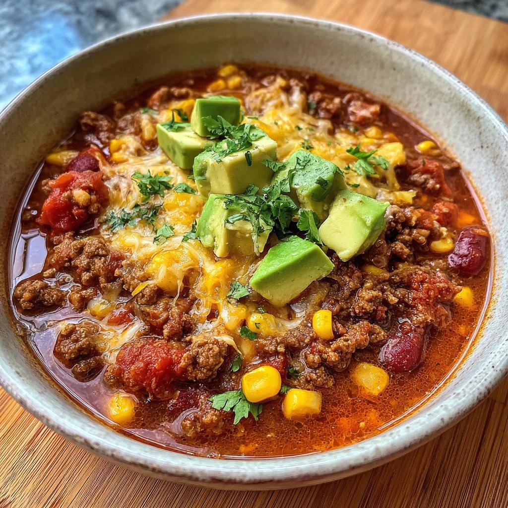 A bowl of Blitzschnelle Tacosuppe topped with avocado, cheese, corn, and cilantro.