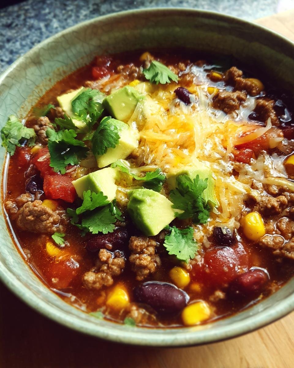 Bowl of Blitzschnelle Tacosuppe topped with avocado, cheese, and cilantro. A quick and flavorful meal.