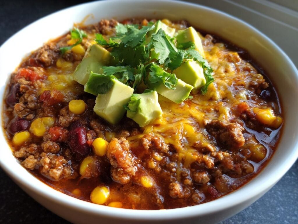 Bowl of Blitzschnelle Tacosuppe topped with melted cheese, avocado cubes, and fresh cilantro.