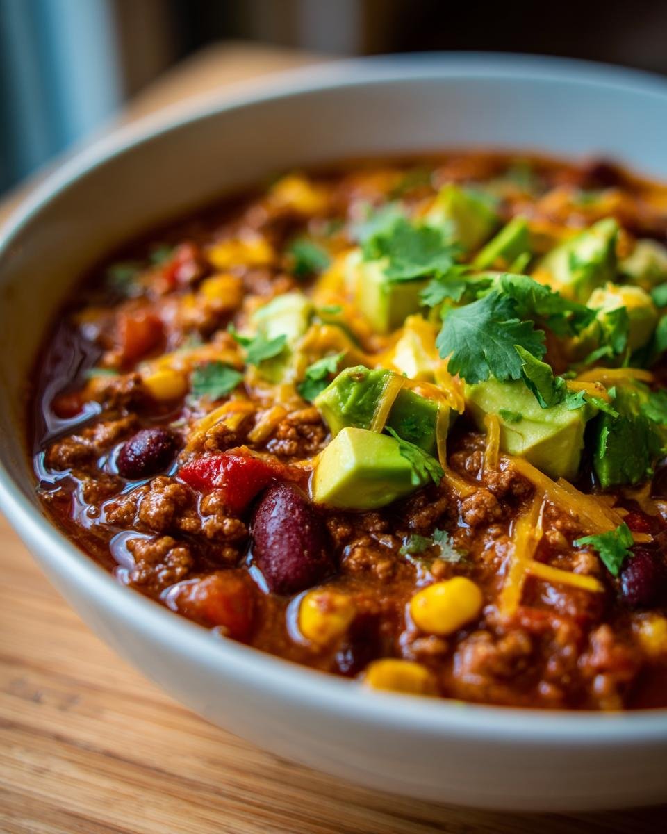 A bowl of Blitzschnelle Tacosuppe, topped with avocado, cilantro, and cheese. A quick and flavorful meal.