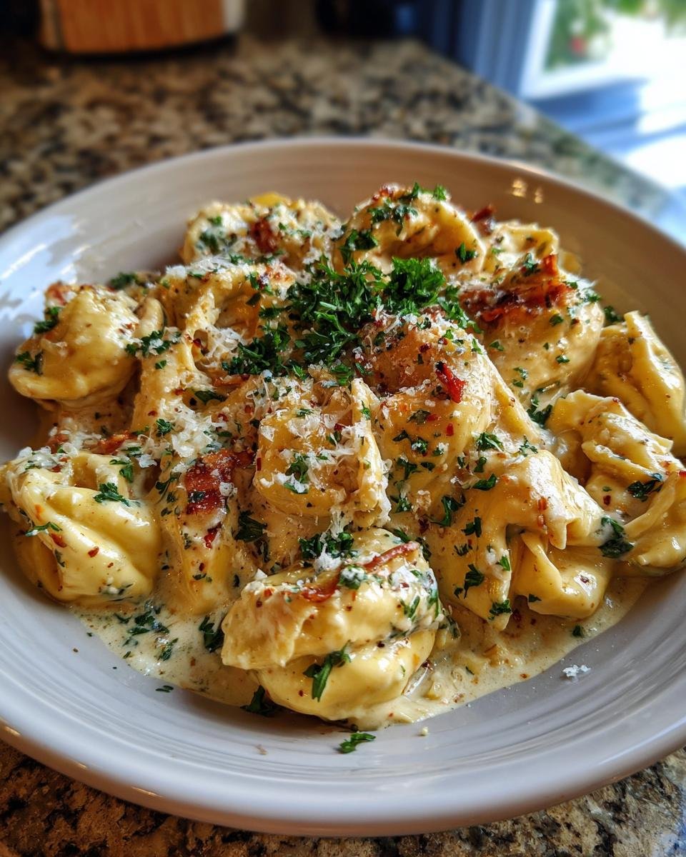 Close-up of Blitzschnelle Tortellini in Schinken-Sahne-Sauce, garnished with parsley and parmesan.