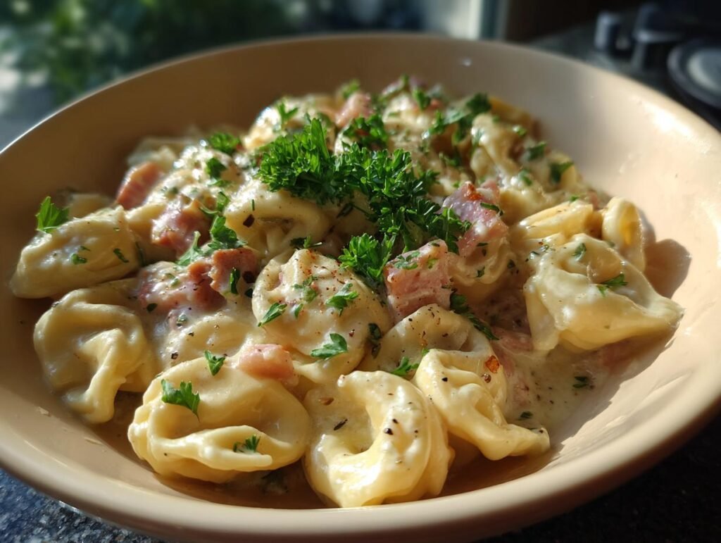 Close-up of Blitzschnelle Tortellini in Schinken-Sahne-Sauce, garnished with parsley.