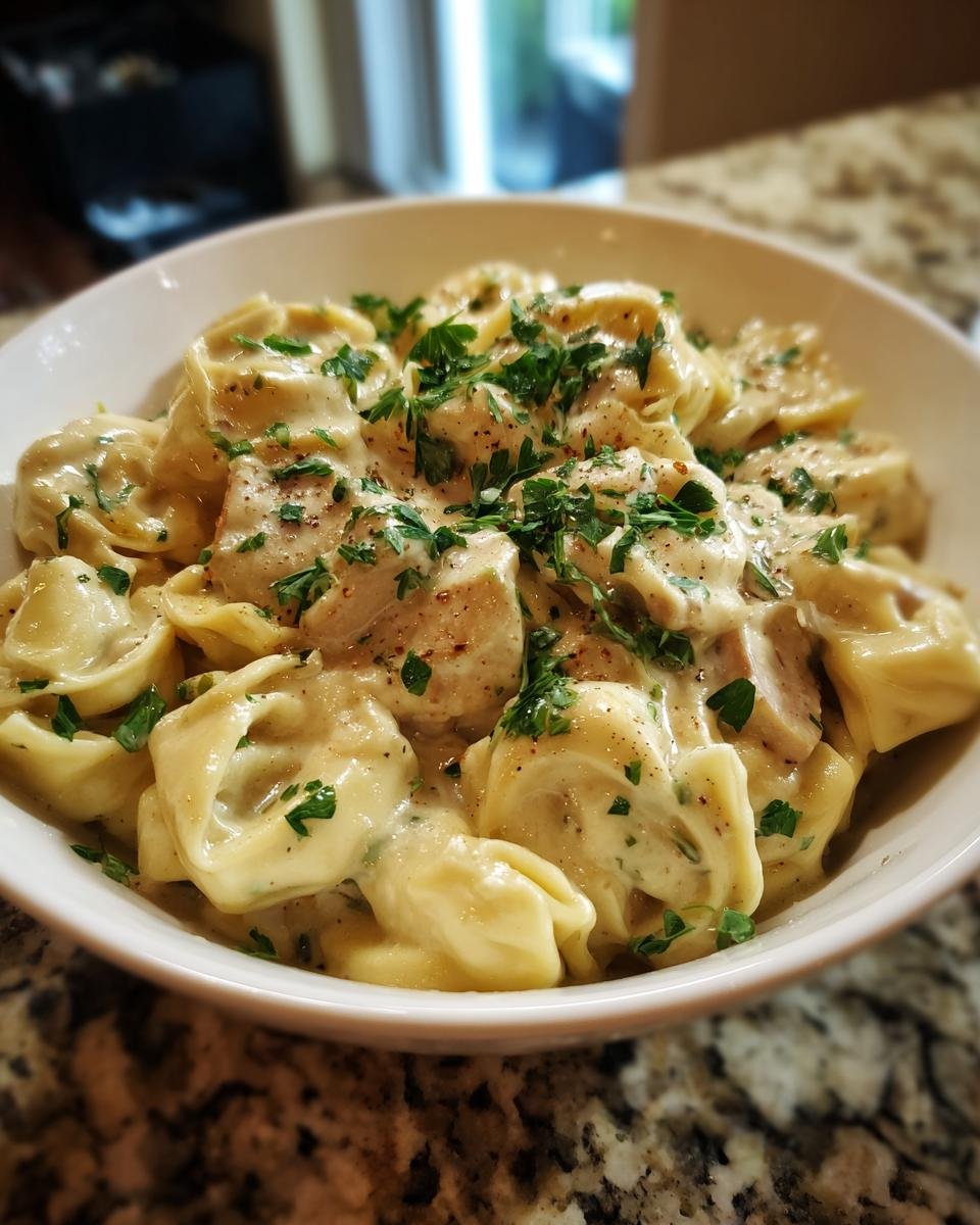 Bowl of Blitzschnelle Tortellini in Schinken-Sahne-Sauce, garnished with fresh parsley.