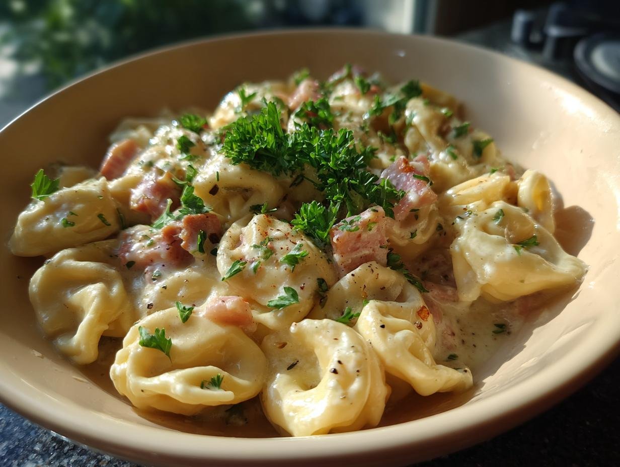 Close-up of Blitzschnelle Tortellini in Schinken-Sahne-Sauce, garnished with parsley.