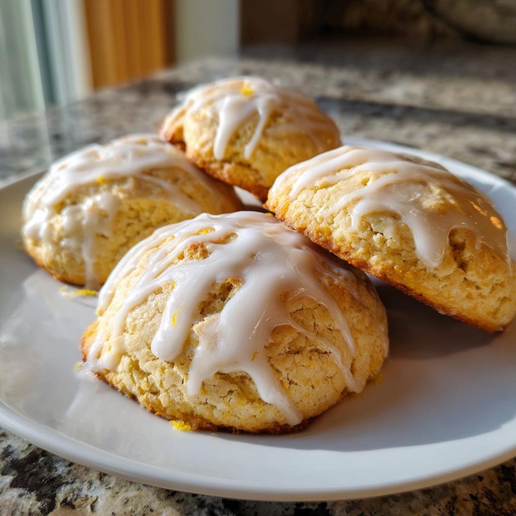 Four Blitzschnelle Zitronenkekse mit Zuckerguss (lemon cookies with icing) on a white plate.