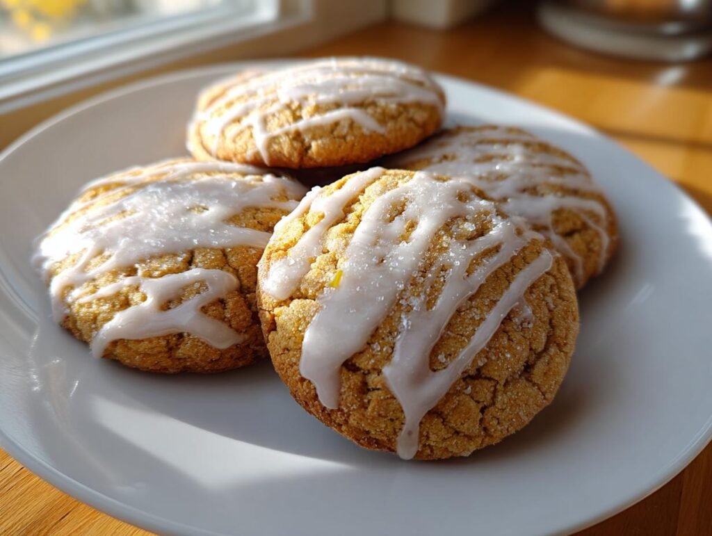 Four Blitzschnelle Zitronenkekse mit Zuckerguss (lemon cookies with icing) on a white plate.