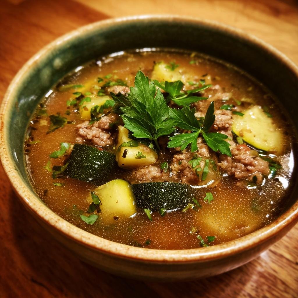 A bowl of Blitzschnelle Zucchini-Hackfleisch-Suppe garnished with parsley, featuring zucchini and ground meat.