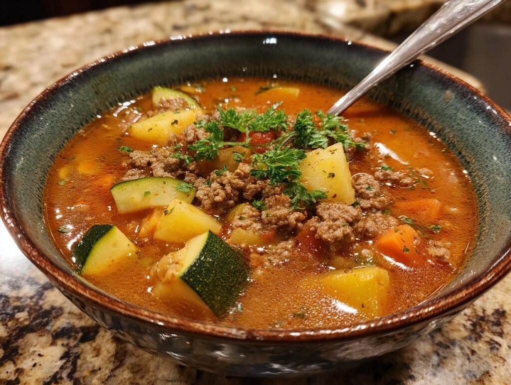 A bowl of Blitzschnelle Zucchini-Hackfleisch-Suppe with zucchini, ground meat, potatoes, carrots, and parsley.