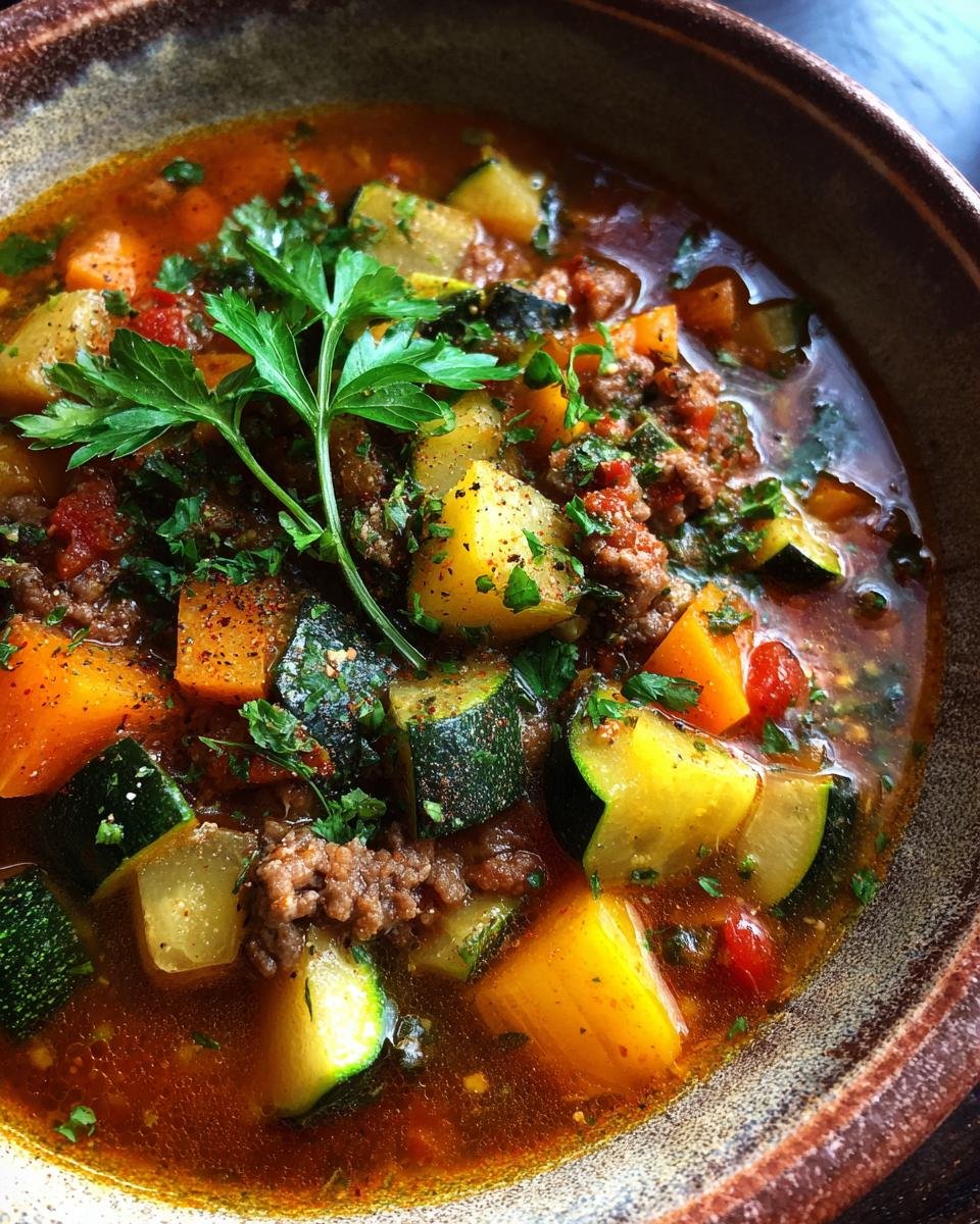 A bowl of Blitzschnelle Zucchini-Hackfleisch-Suppe, garnished with fresh parsley.