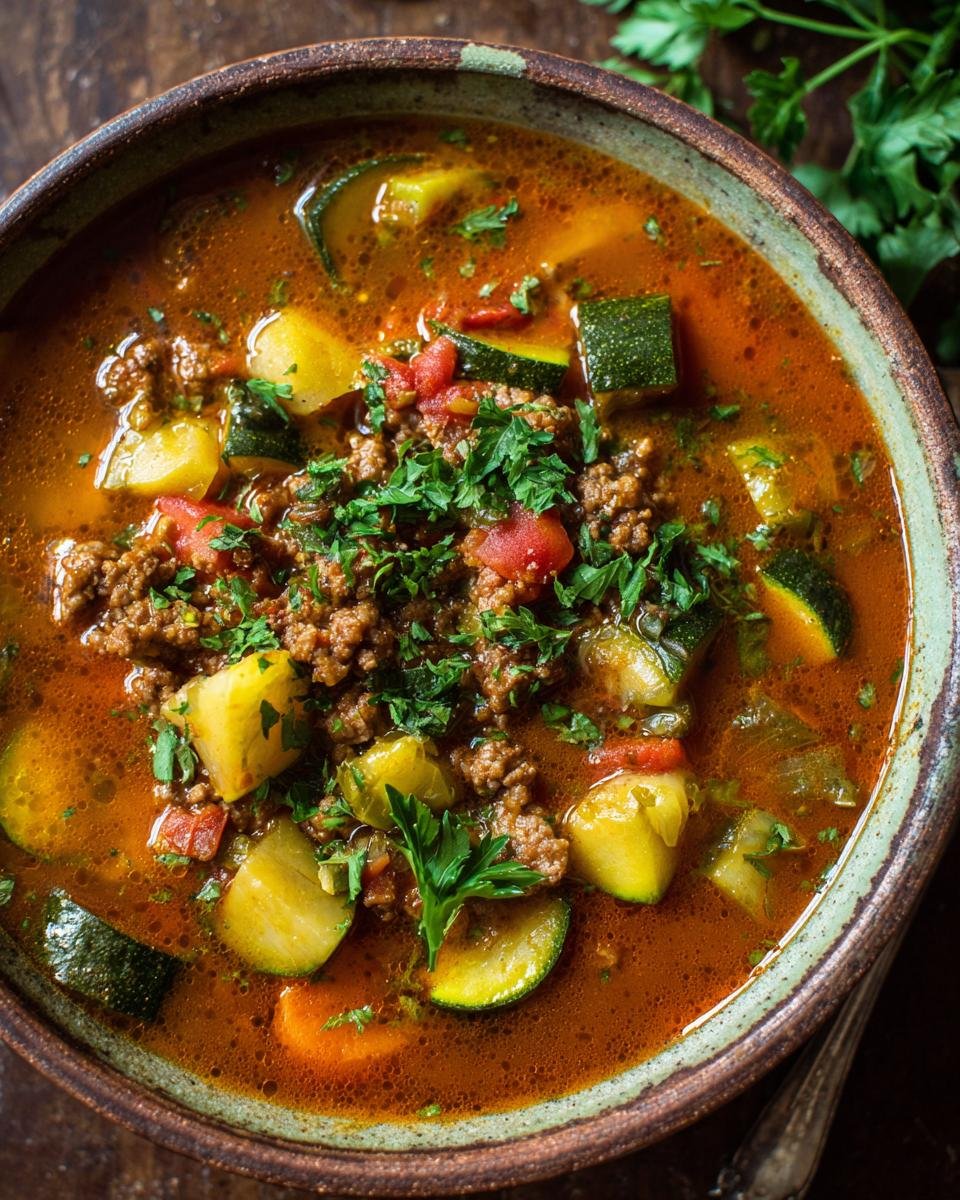 A bowl of Blitzschnelle Zucchini-Hackfleisch-Suppe, garnished with fresh parsley, zucchini and ground meat.