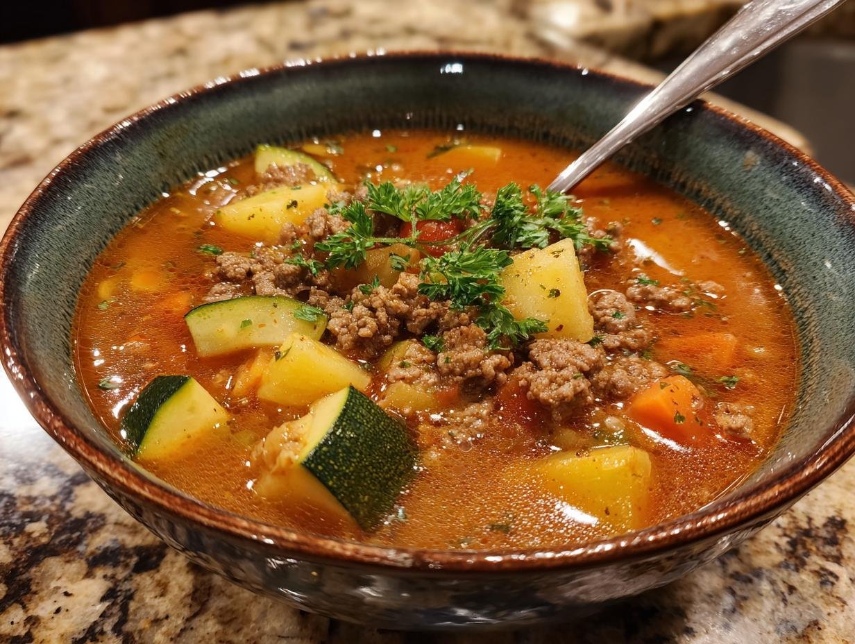 A bowl of Blitzschnelle Zucchini-Hackfleisch-Suppe with zucchini, ground meat, potatoes, carrots, and parsley.