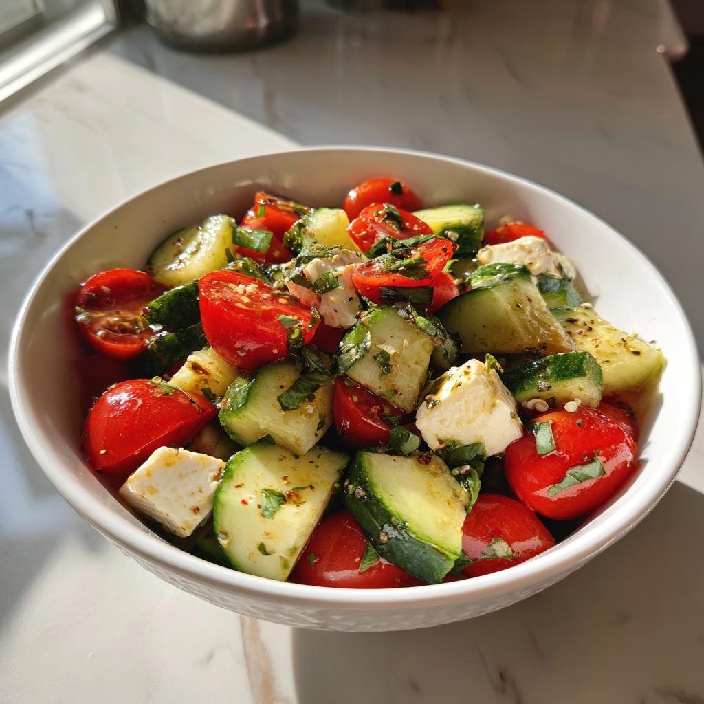 Close-up of Blitzschneller Gurken-Caprese-Salat with cucumbers, tomatoes, mozzarella, and basil in a white bowl.