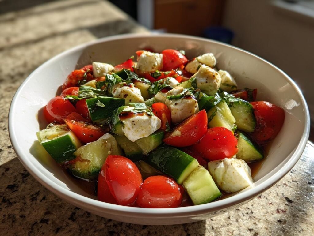 Bowl of Blitzschneller Gurken-Caprese-Salat with cucumbers, tomatoes, mozzarella, and basil.