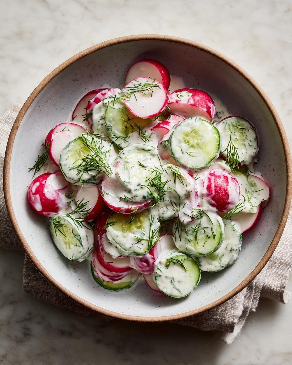 Overhead view of Blitzschneller Gurken-Radieschen-Salat mit Dill-Joghurt in a bowl, garnished with fresh dill.