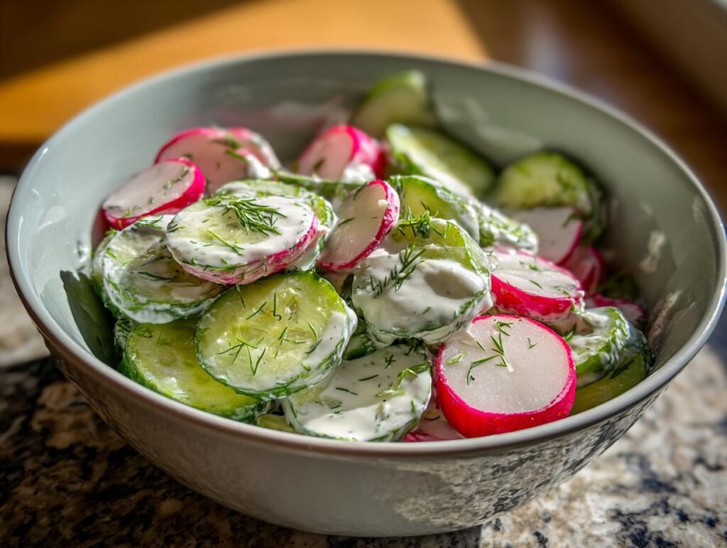 A bowl of Blitzschneller Gurken-Radieschen-Salat mit Dill-Joghurt, featuring sliced cucumbers and radishes in dill-yogurt dressing.