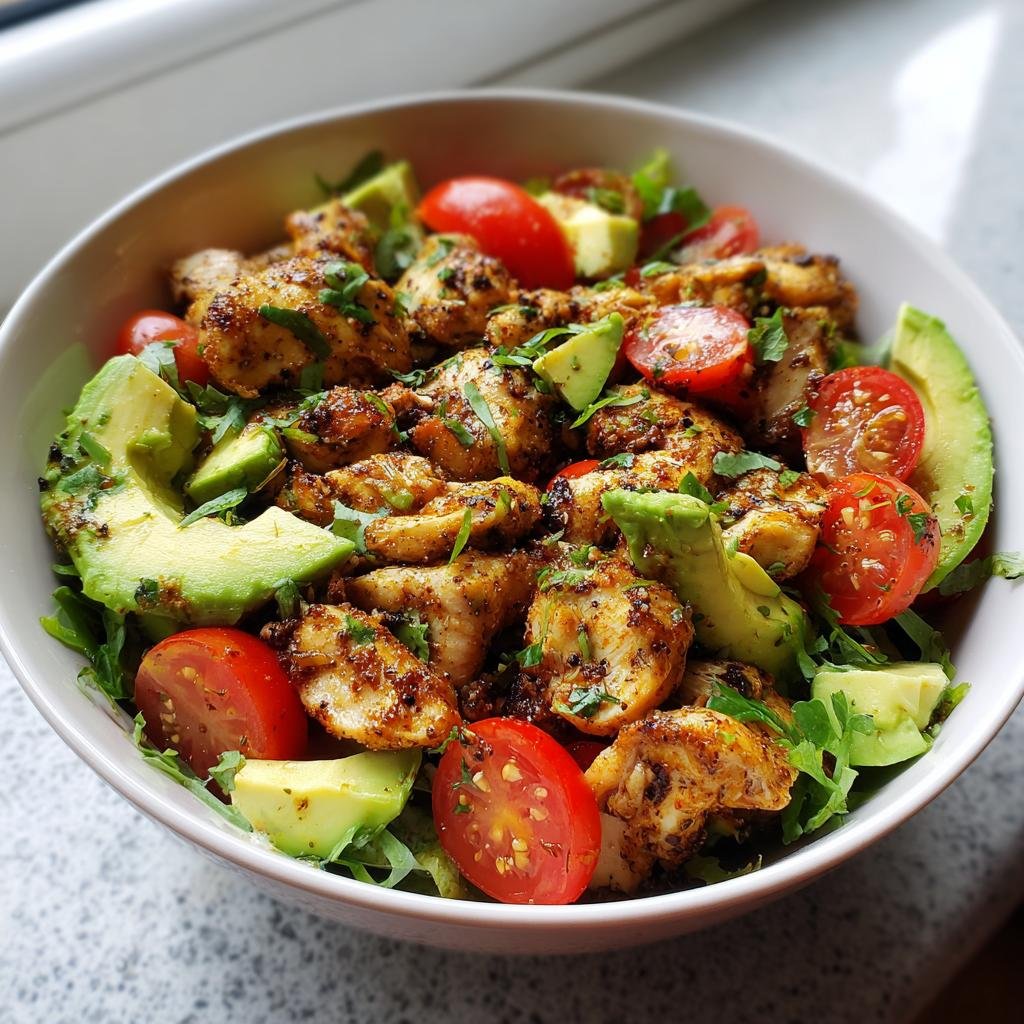 Bowl of Blitzschneller Hähnchen-Avocado-Salat mit Limettendressing, featuring chicken, avocado, and tomatoes.