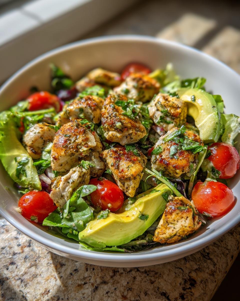 Nahaufnahme eines Blitzschneller Hähnchen-Avocado-Salat mit Limettendressing, bestehend aus Hähnchen, Avocado und Tomaten.