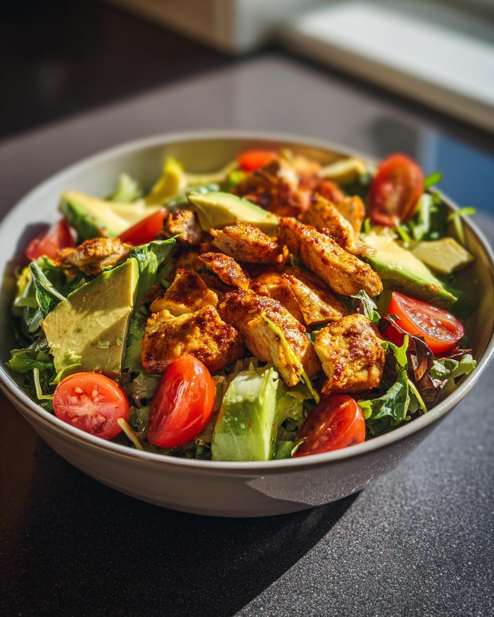 Nahaufnahme eines Blitzschneller Hähnchen-Avocado-Salat mit Limettendressing, bestehend aus Hähnchen, Avocado und Tomaten.