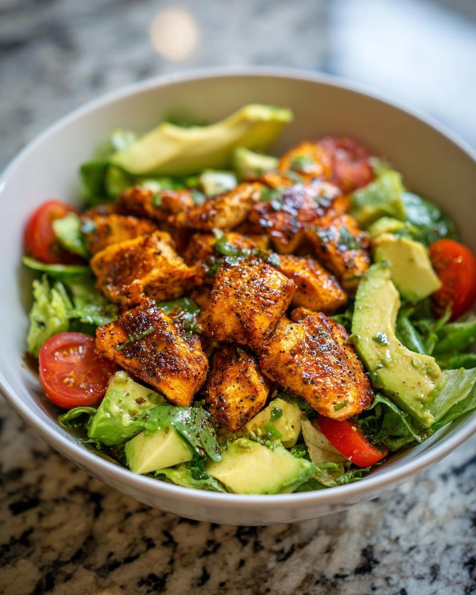 Close-up of Blitzschneller Hähnchen-Avocado-Salat mit Limettendressing featuring chicken, avocado, lettuce, and tomatoes.