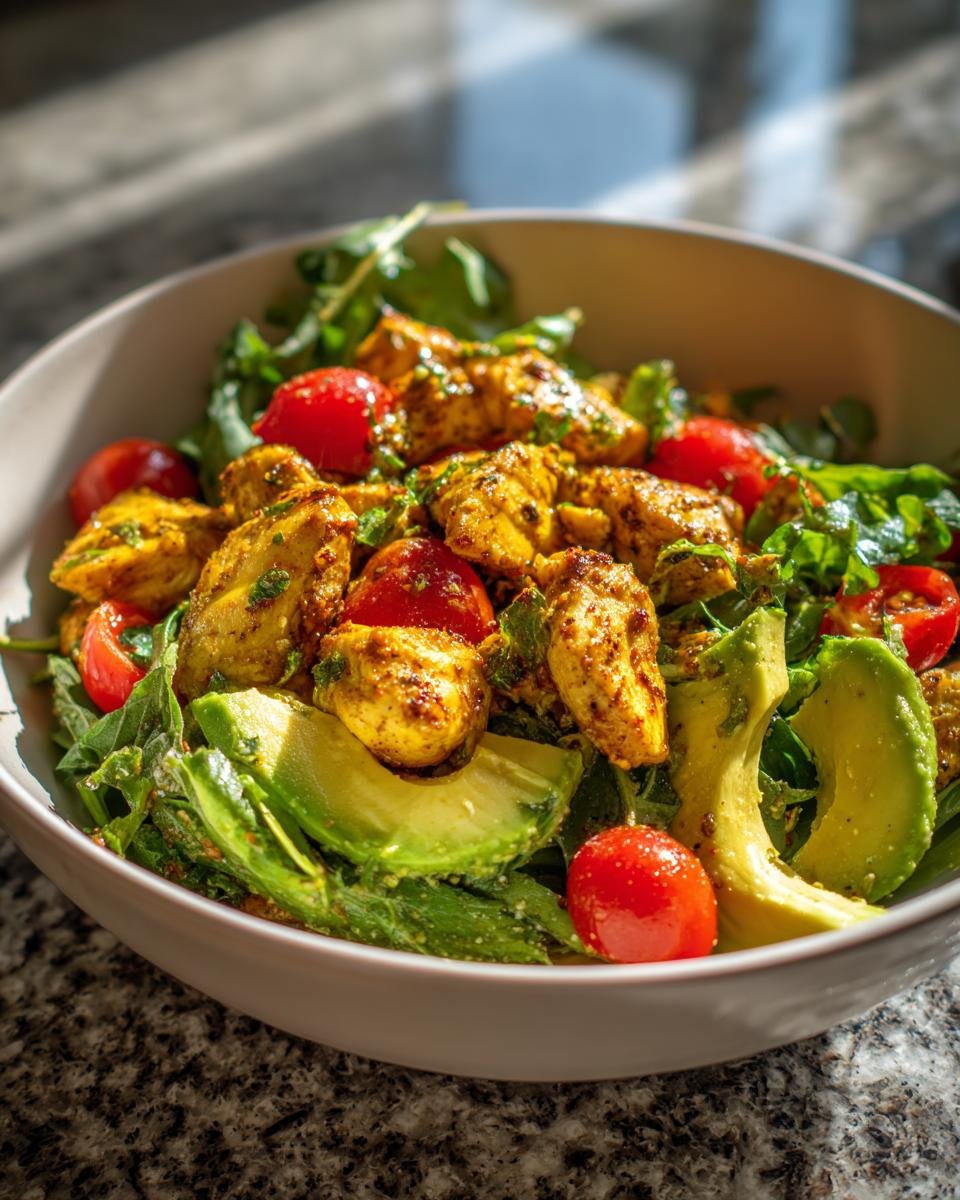 Close-up of Blitzschneller Hähnchen-Avocado-Salat mit Limettendressing, featuring chicken, avocado, tomatoes, and greens.