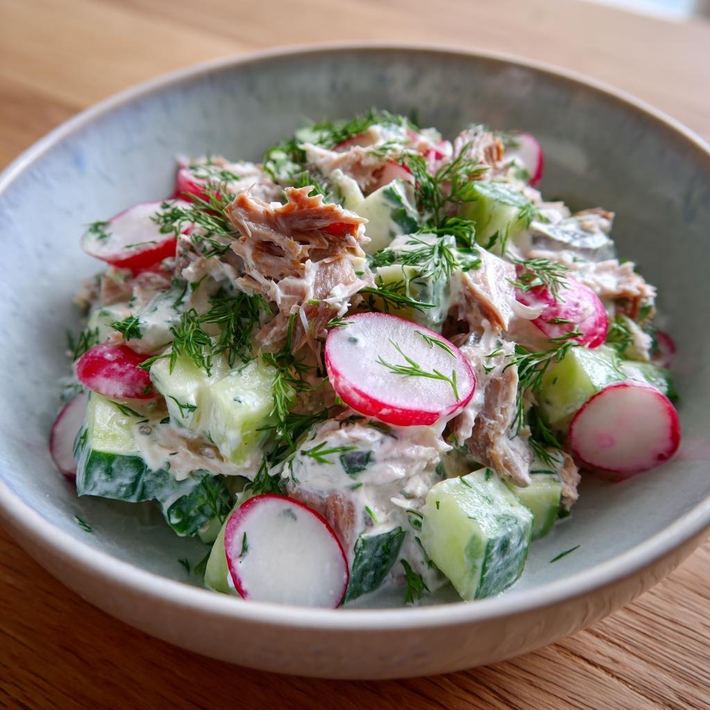 Blitzschneller Makrelen-Salat mit Gurke, Joghurt und Radieschen in einer Schüssel.