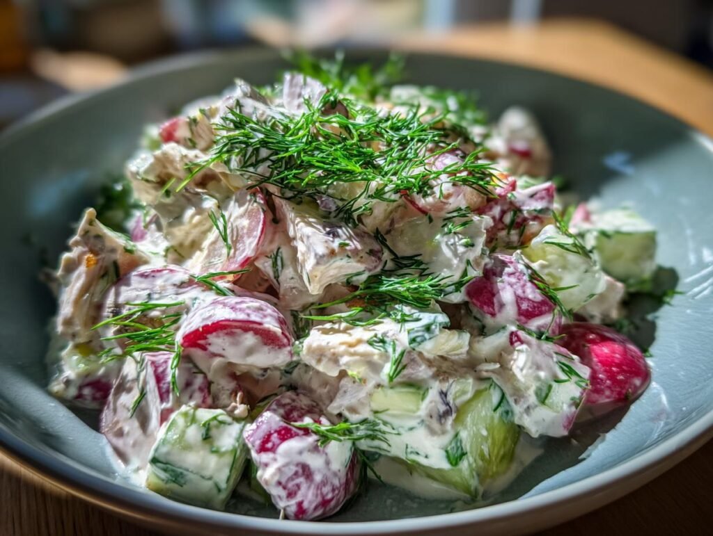 Close-up of Blitzschneller Makrelen-Salat mit Gurke & Joghurt in a bowl, garnished with fresh dill.