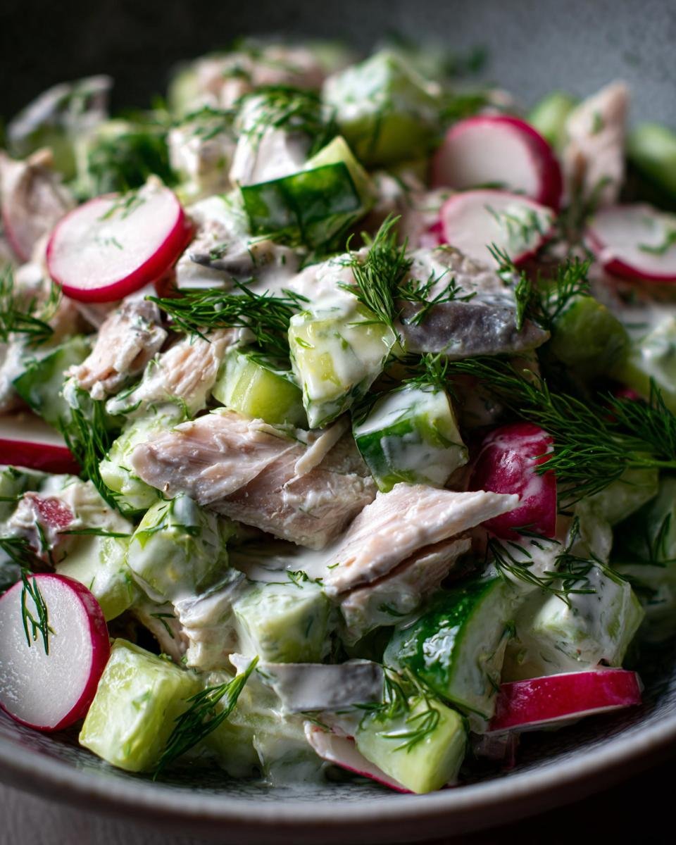 Close-up of Blitzschneller Makrelen-Salat mit Gurke & Joghurt, featuring mackerel, cucumber, radish, and dill.