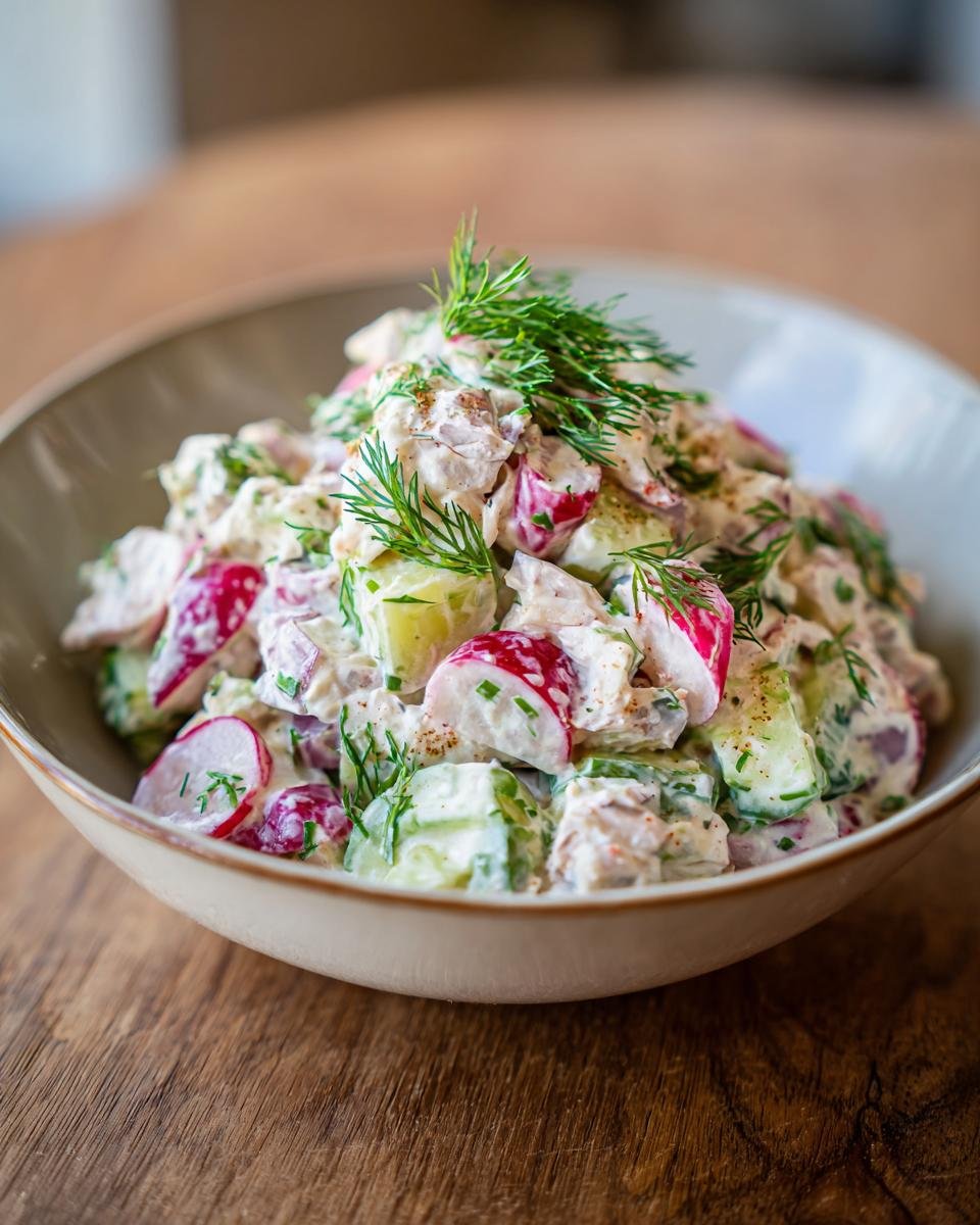 Bowl of Blitzschneller Makrelen-Salat mit Gurke & Joghurt, garnished with fresh dill.
