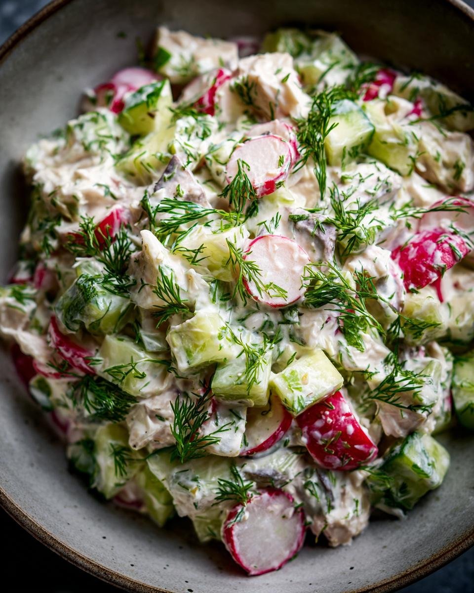 Close-up of Blitzschneller Makrelen-Salat mit Gurke & Joghurt, featuring mackerel, cucumber, radishes, and dill.