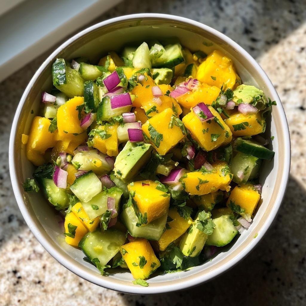 Bowl of Blitzschneller Mango-Gurken-Salat mit Avocado, featuring mango, cucumber, avocado, and red onion.