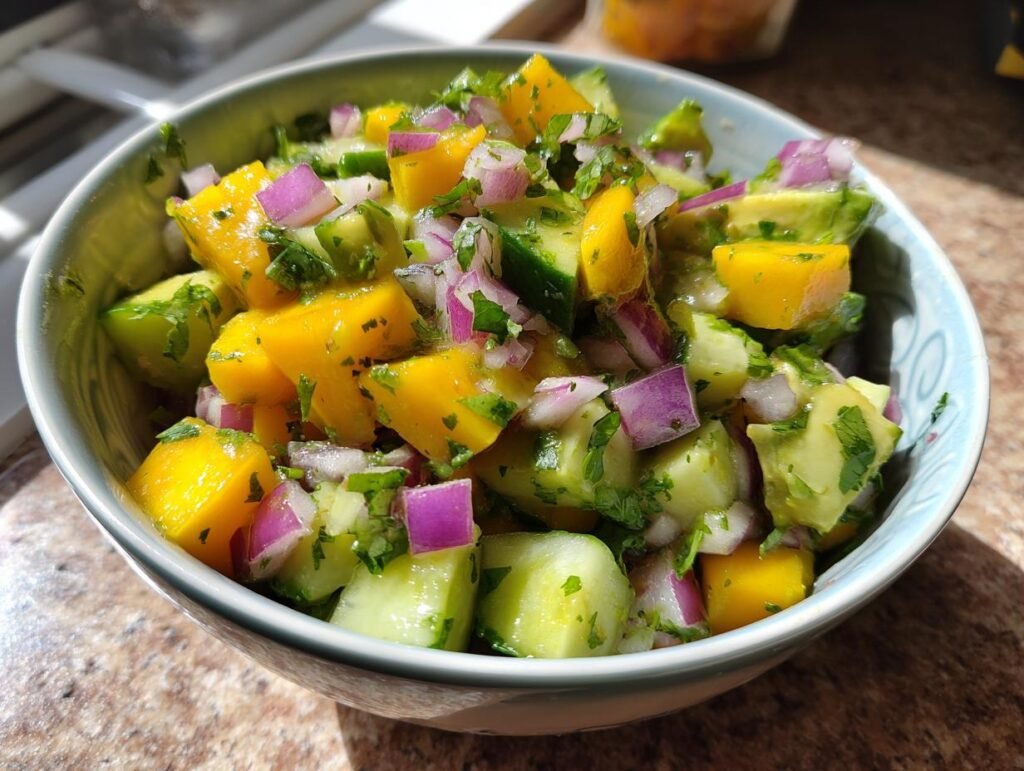 Bowl of Blitzschneller Mango-Gurken-Salat mit Avocado, featuring mango, cucumber, red onion, and herbs.