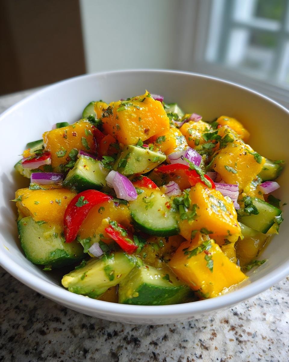 A bowl of Blitzschneller Mango-Gurken-Salat mit Avocado, featuring mango, cucumber, avocado, and red onion.