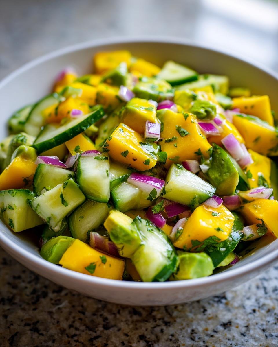 Bowl of Blitzschneller Mango-Gurken-Salat mit Avocado, featuring mango, cucumber, avocado, and red onion.