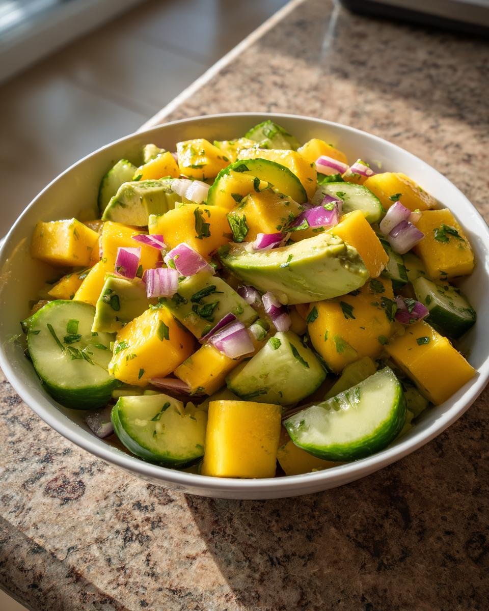 Close-up of Blitzschneller Mango-Gurken-Salat mit Avocado featuring mango, cucumber, avocado, and red onion in a white bowl.