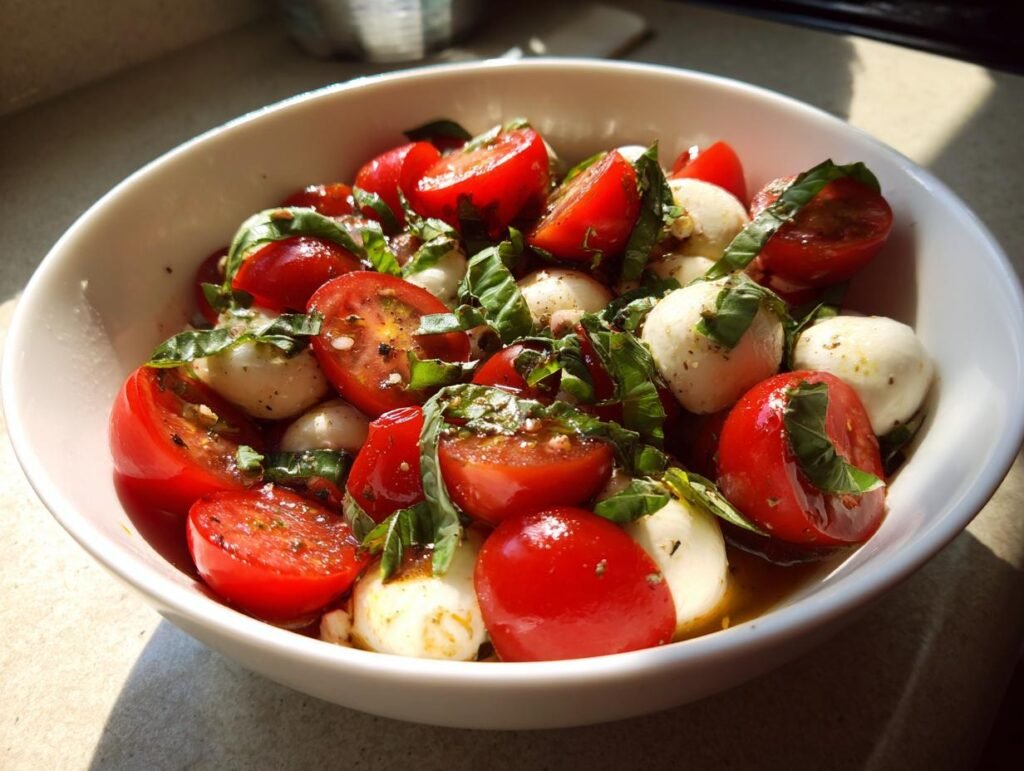 Close-up of Blitzschneller Tomaten-Mozzarella-Salat mit Basilikum in a white bowl, showing tomatoes, mozzarella, and basil.