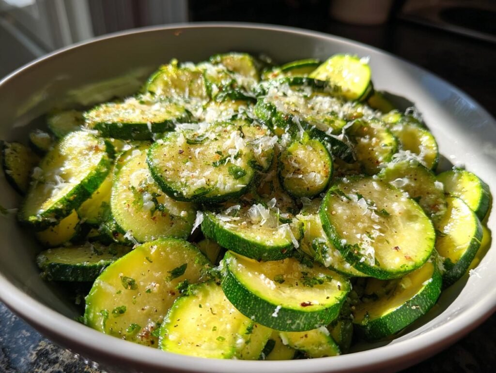 Close-up of Blitzschneller Zucchini-Salat mit Knoblauch & Parmesan in a bowl. Zucchini slices coated with parmesan and herbs.