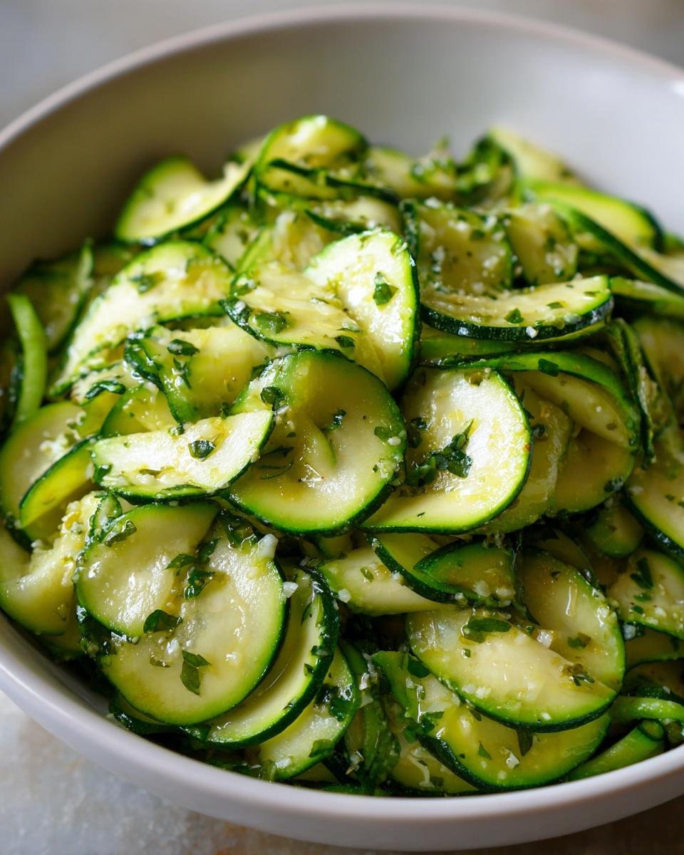 Close-up of Blitzschneller Zucchini-Salat mit Knoblauch & Parmesan in a white bowl. Fresh and vibrant.