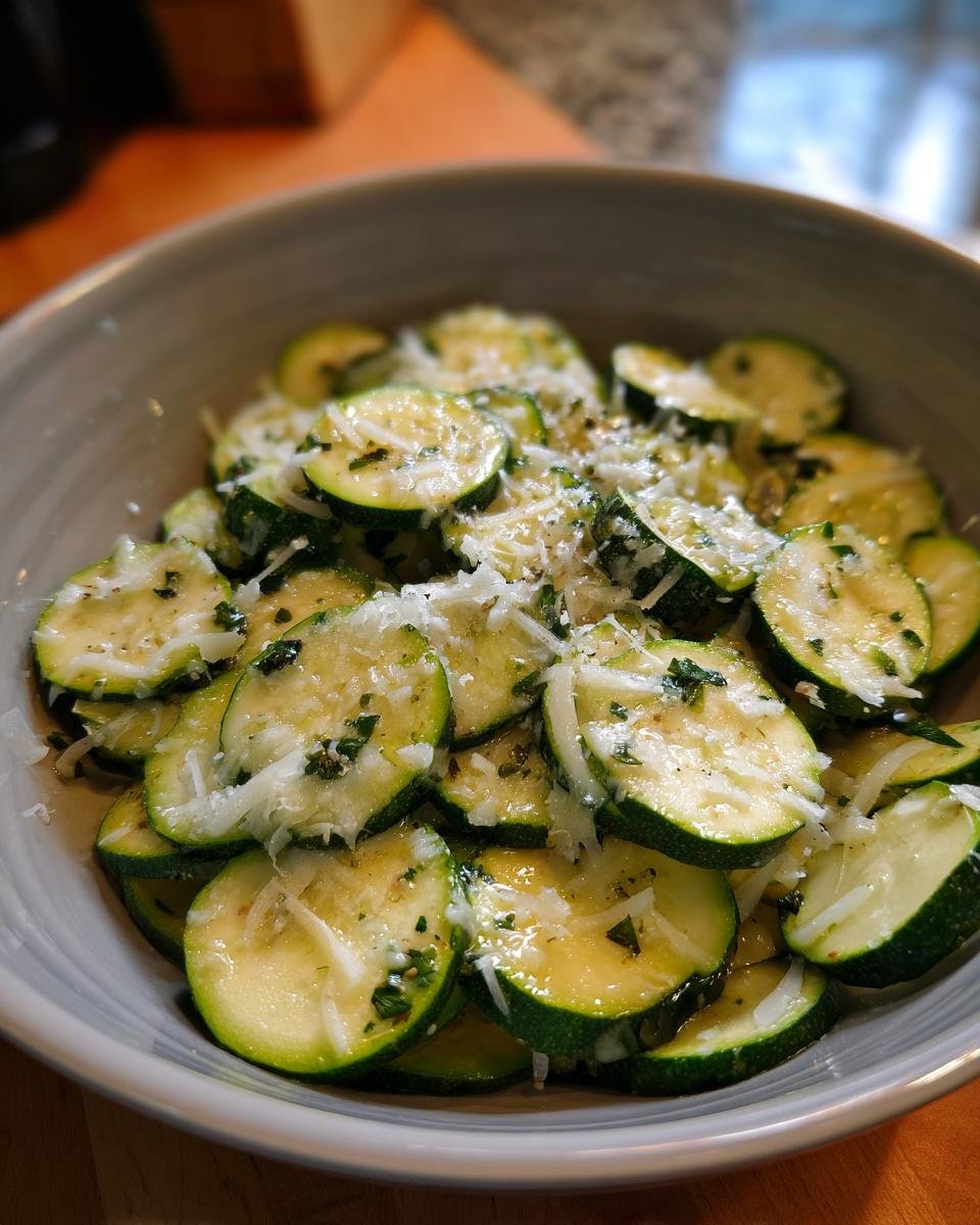 Close-up of Blitzschneller Zucchini-Salat mit Knoblauch & Parmesan in a bowl.