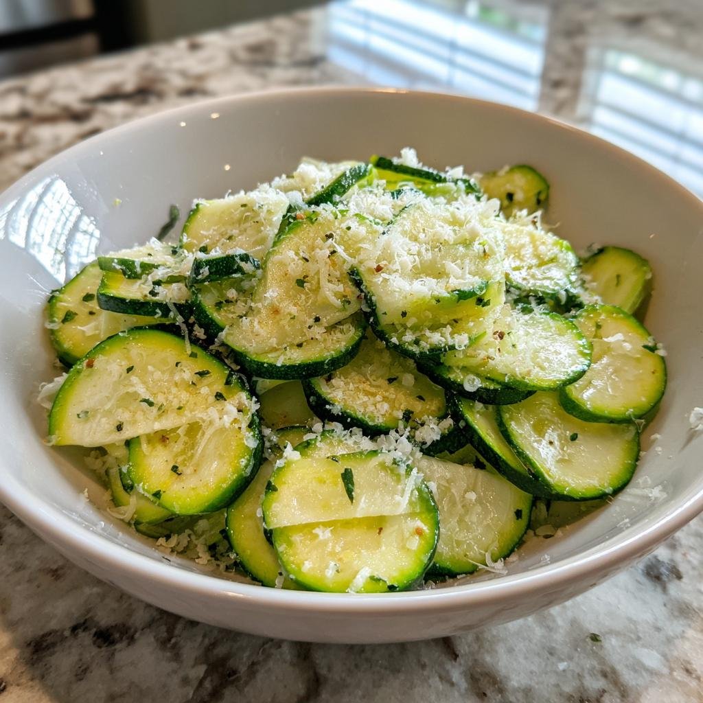 Bowl of Blitzschneller Zucchini-Salat mit Knoblauch & Parmesan, showcasing the fresh zucchini and cheese.
