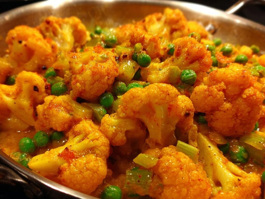 Close-up of Blitzschnelles Blumenkohl-Erbsen-Curry with cauliflower and peas in a creamy curry sauce.