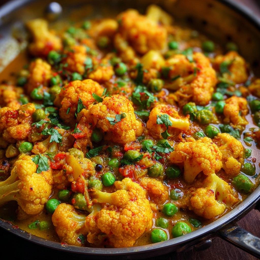 Close-up of Blitzschnelles Blumenkohl-Erbsen-Curry with cauliflower, peas, and herbs in a creamy sauce.